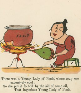 Es war eine junge Dame von Poole, deren Suppe übermäßig kühl war, aus Ein Buch des Unsinns, veröffentlicht von Frederick Warne und Co., London, um 1875 von Edward Lear